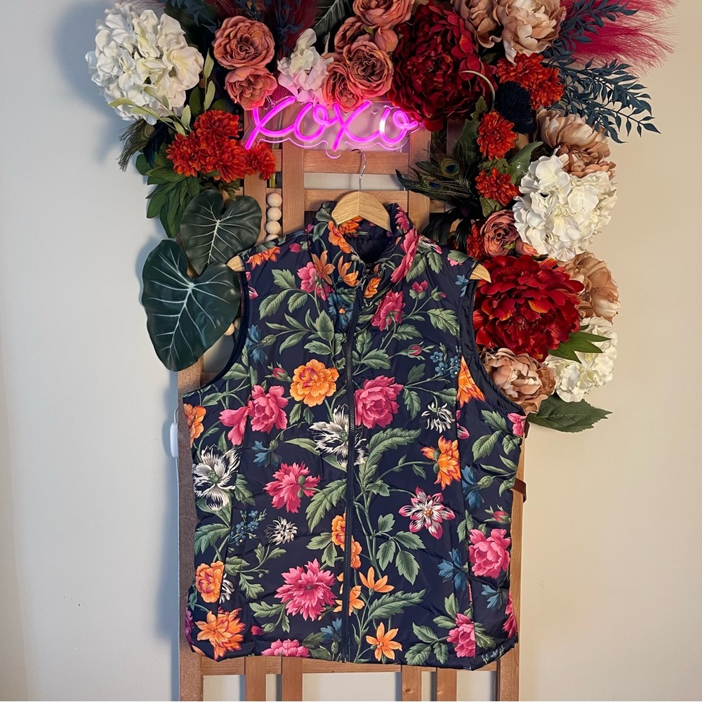 Lands’ End Floral Zip Up Puffer Vest